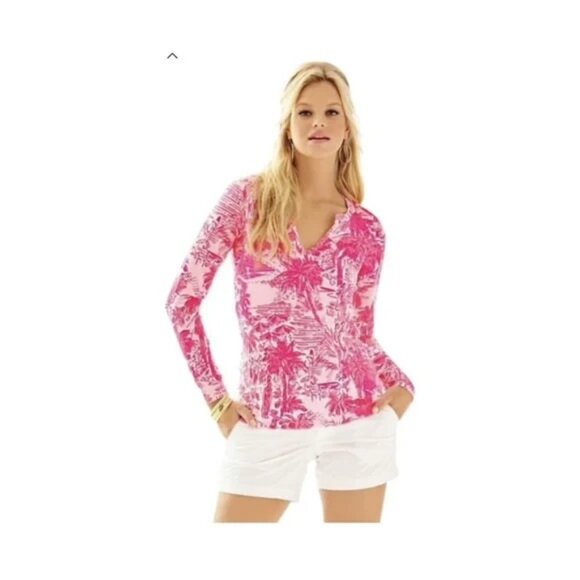 Lilly Pulitzer Long Sleeve Kayleigh Rule Breaker Top Beach Pink Stretch V-Neck M - Picture 1 of 11